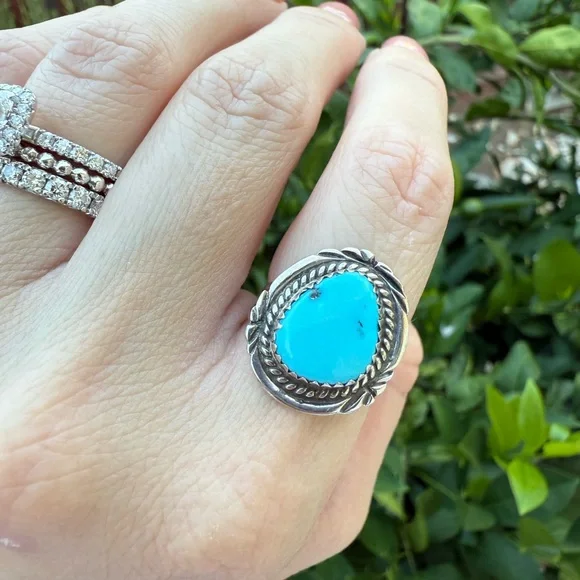 Navajo Made Morenci Turquoise and Silver Ring - Picture 2 of 4